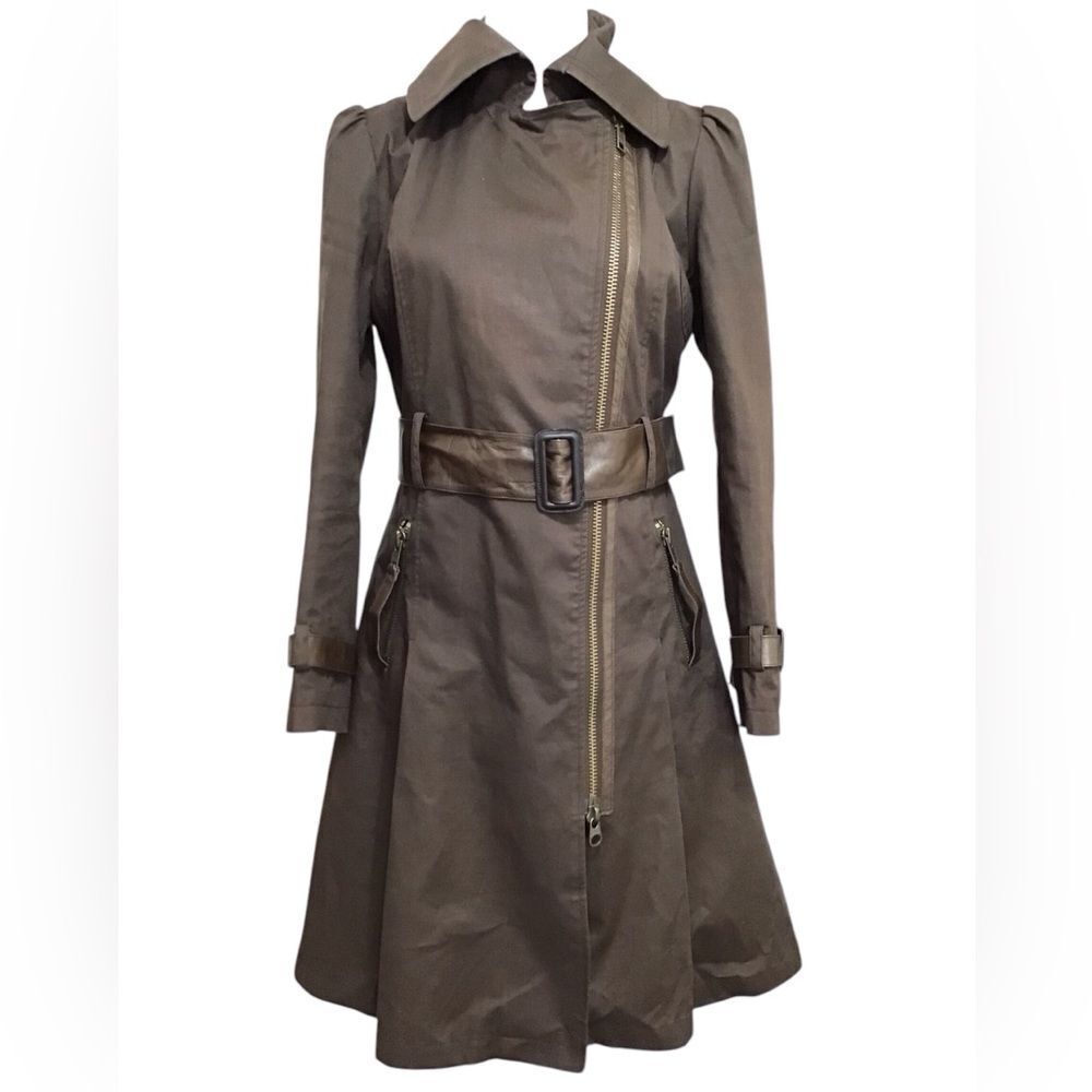 Mackage Stylish Brown Trench Coat With Belt Leather Trim Size Medium